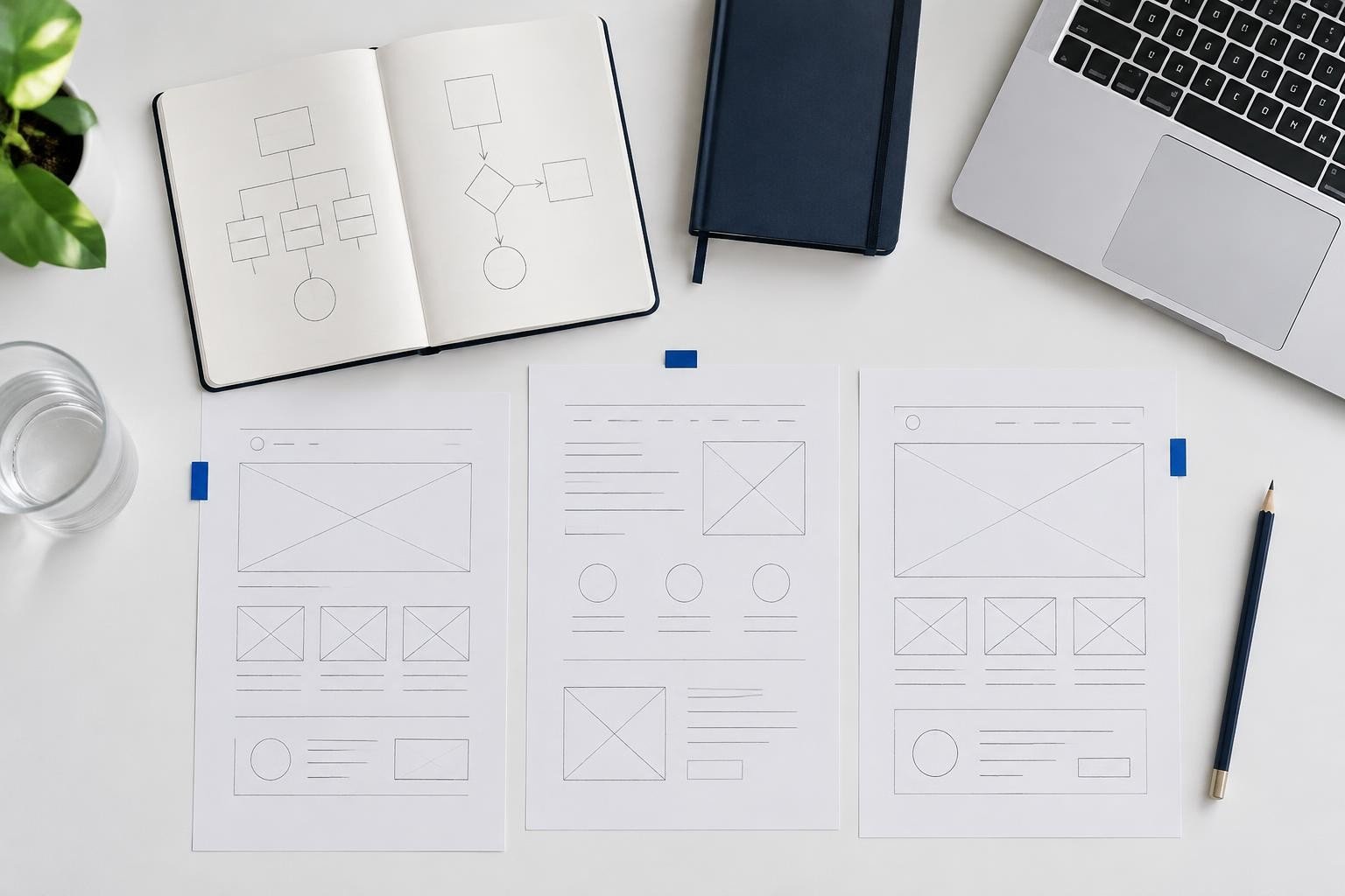 Illustrative planning desk with wireframe sketches, a notebook and a laptop
